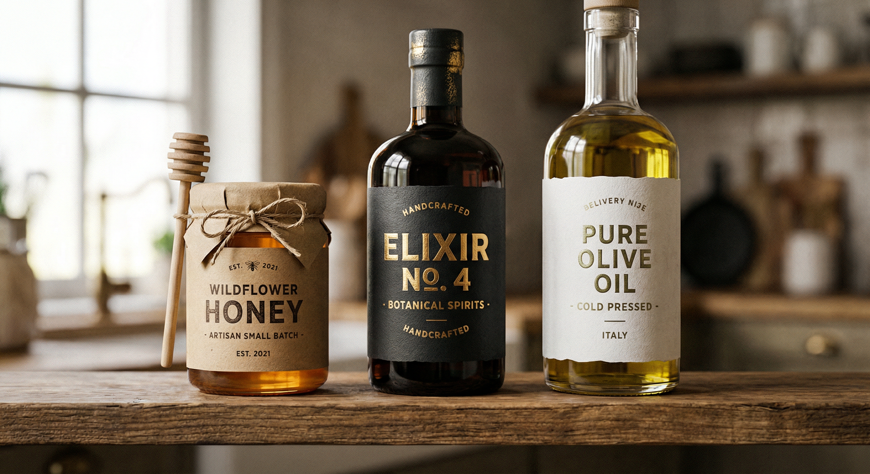 Artisan bottles and jars with premium printed labels — honey, botanical spirits, and olive oil