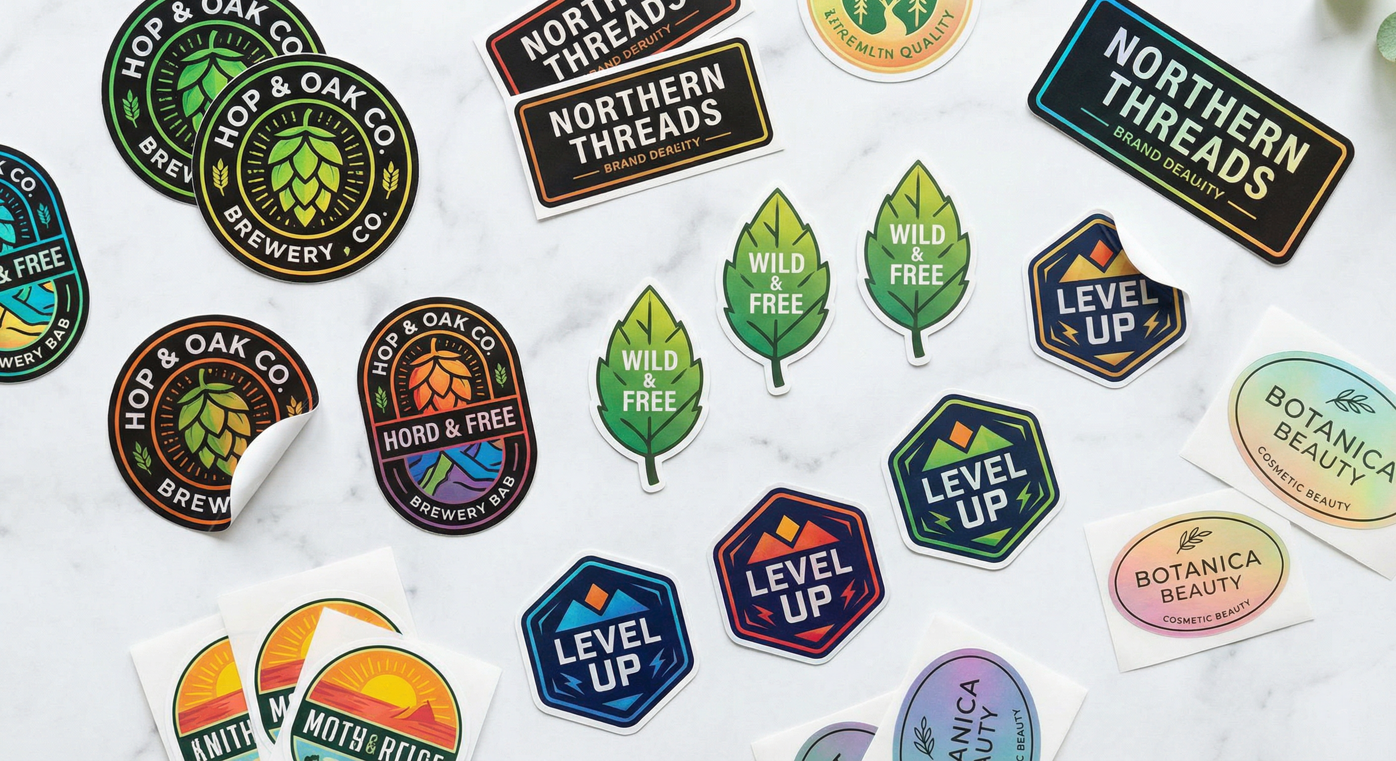 Colorful custom die-cut stickers spread out — brewery logos, eco stickers, brand badges, and cosmetic labels